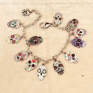 Bracelet/Anklet Stainless Steel Day of the Dead Sugar Skull Charms Hand Crafted